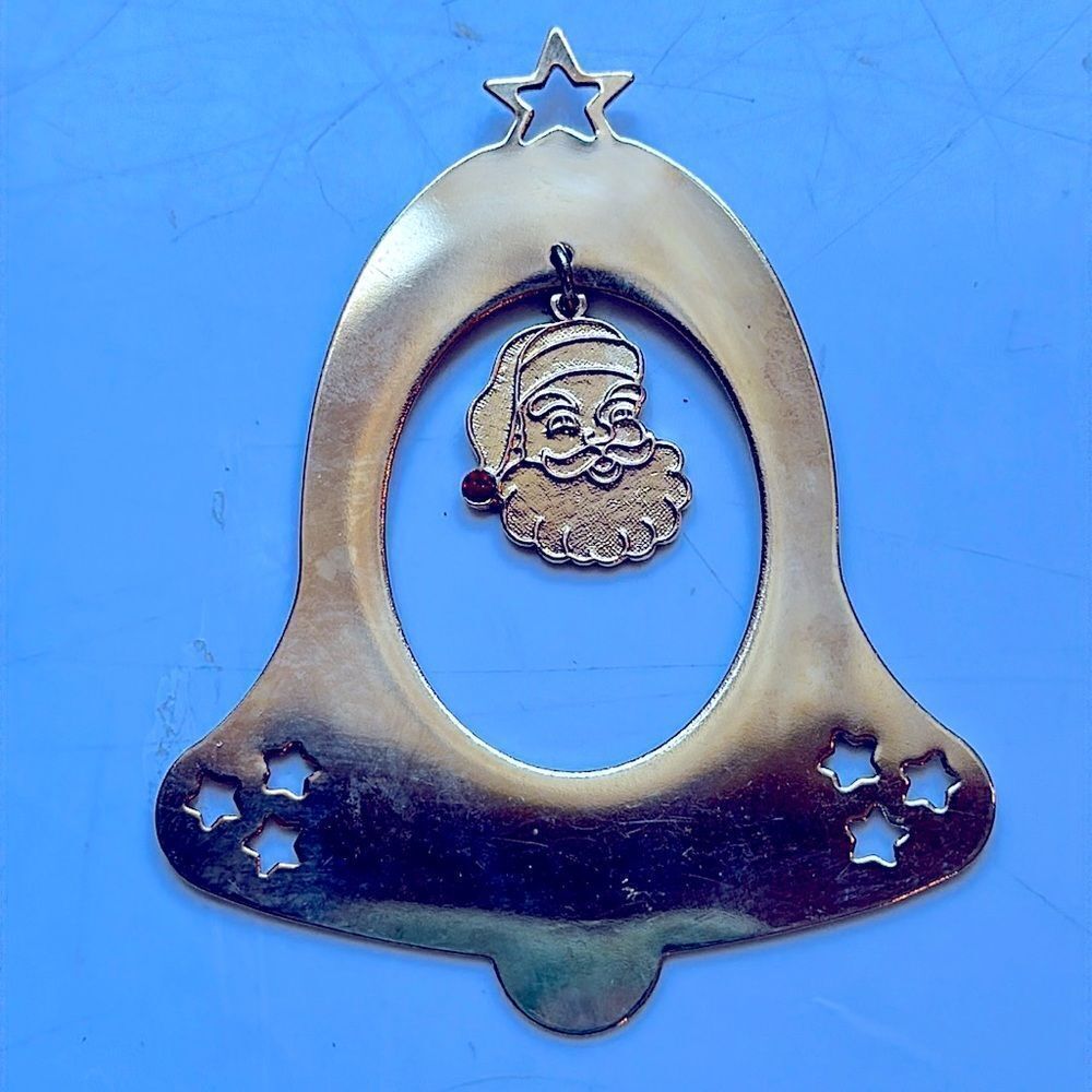Vtg‎ Gloria Duchin gold brass bell Christmas tree ornament with Santa pendant